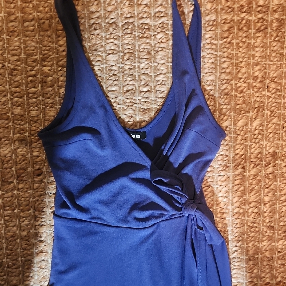 Express Flirty Flowy Blue Asymmetrical Wrap Dress - Picture 3 of 4